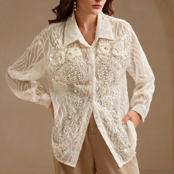 Apricot Elegant Women's Embellished Floral Long Sleeve Sheer Jacquard Shirt - Picture 4 of 7